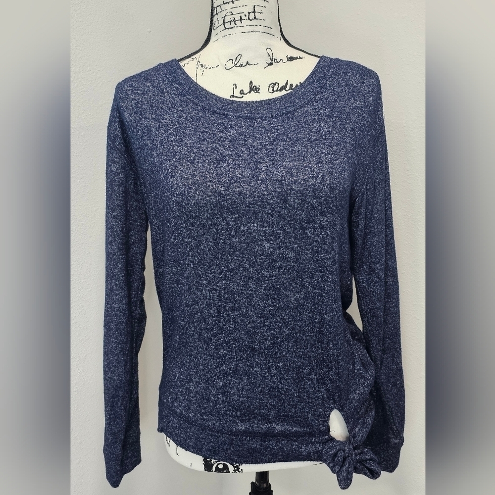 J. By J. Crew Blue Heathered Long Sleeve Round Neck Top Side Knot Size Small